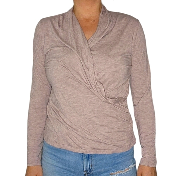 Christian Siriano Faux Wrap Long Sleeve Stretch Modal Blouse Size Medium Taupe - Picture 1 of 5